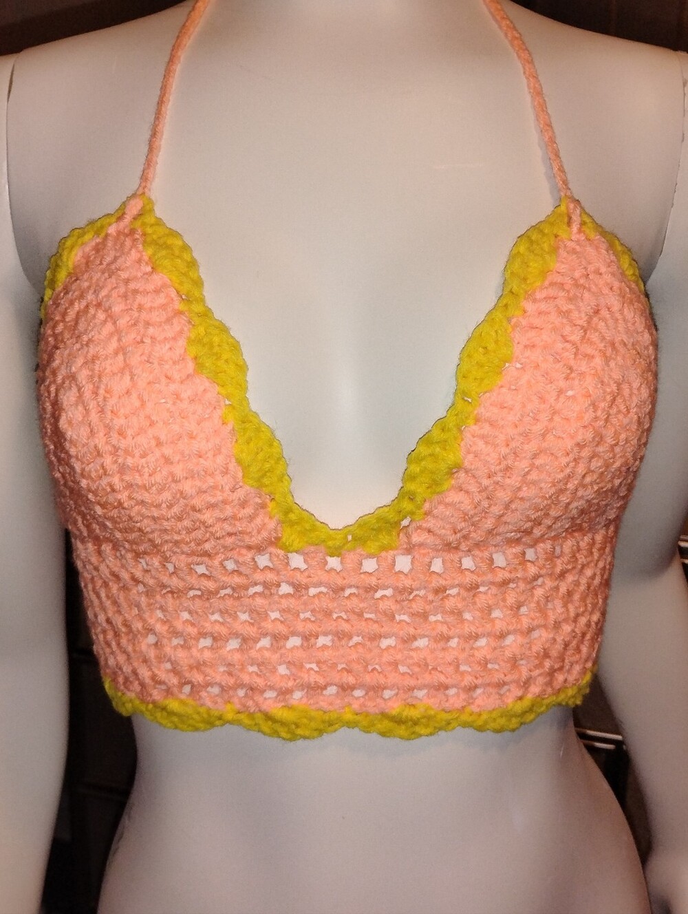 Peach Cropped Crochet Halter Top with Yellow Trim